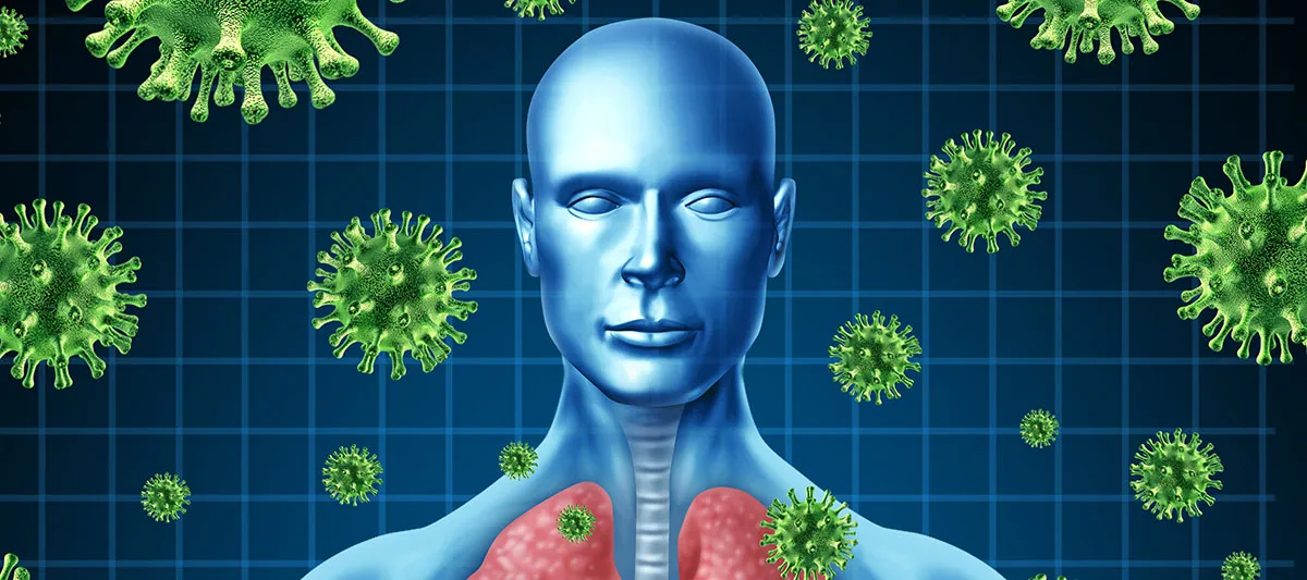 Graphic showing person surrounded by virus particle