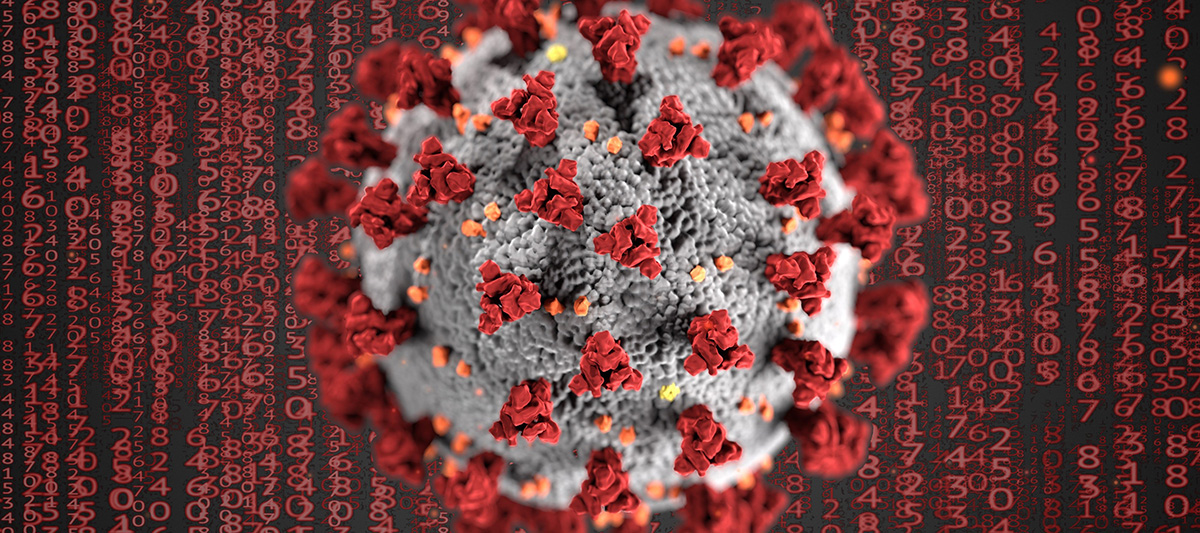 SARS-CoV-2 virus particle on background of numbers