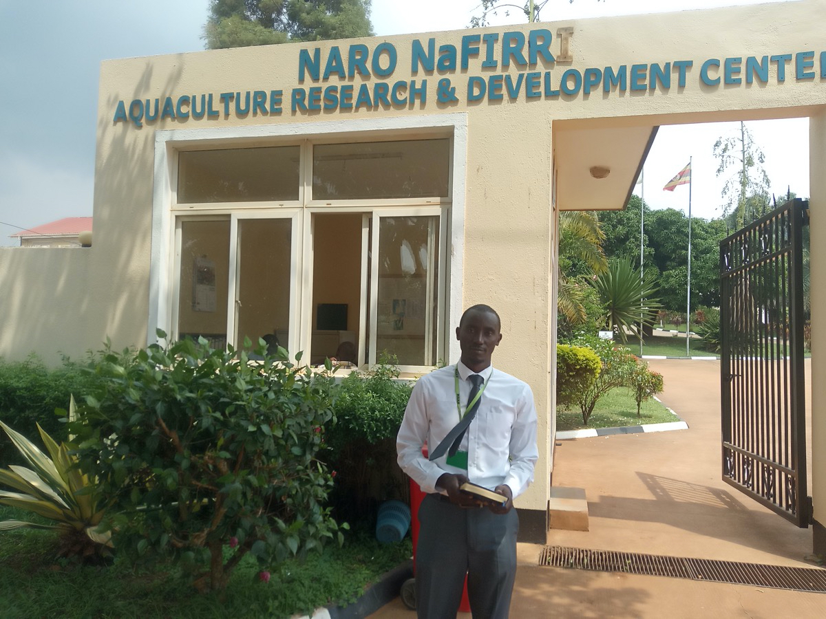 Dr. Israel Mugezi in front of the National Fisheries Resource Research Institute in Jinja, Uganda